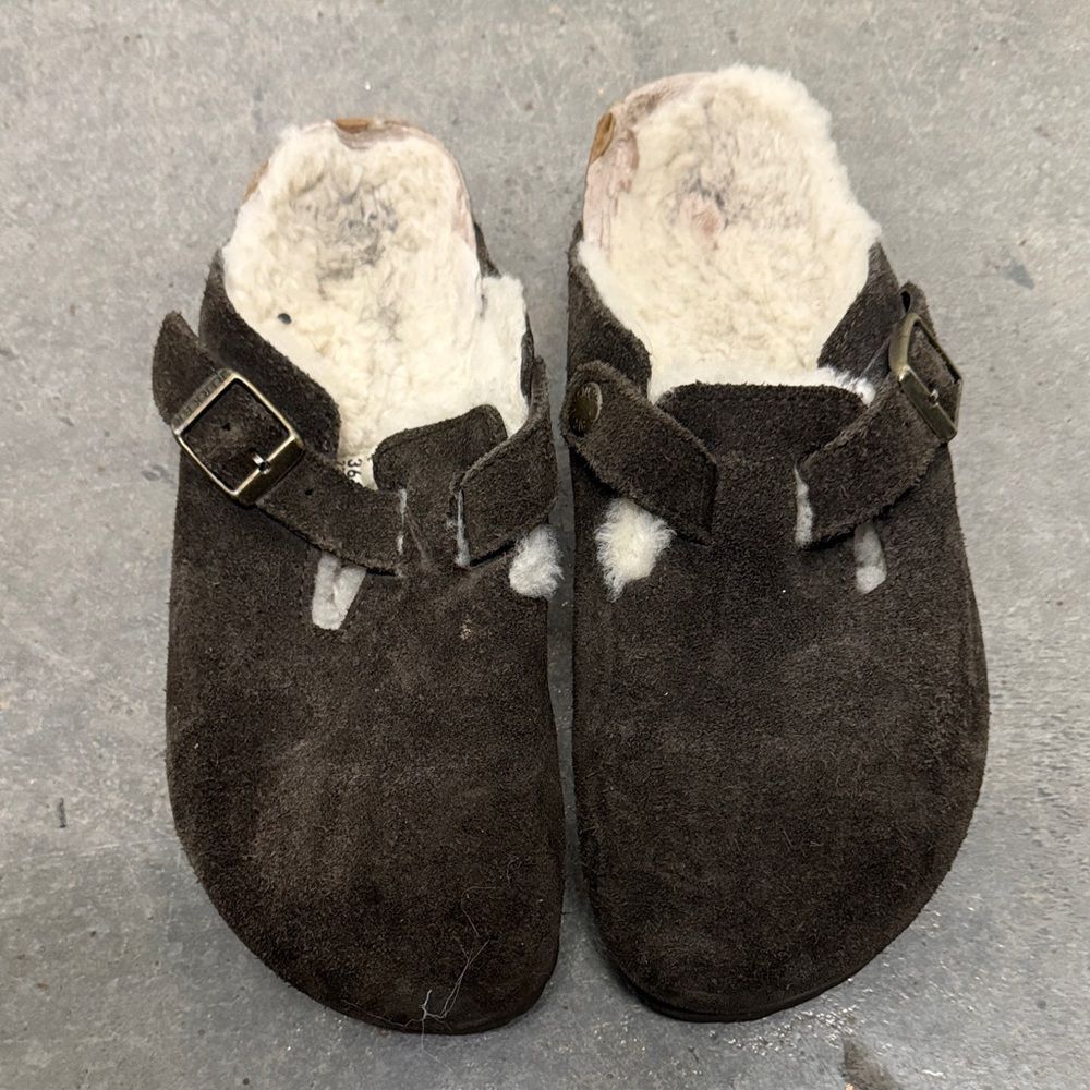 Birkenstock Chocolate Suede Shearling Clogs